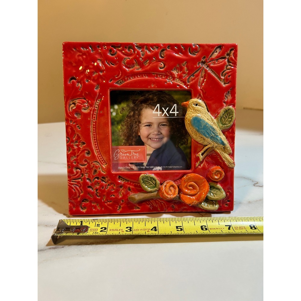Green Tree Gallery Red Ceramic Bird Rose 4x4 Picture Frame 7.25in Square 73179